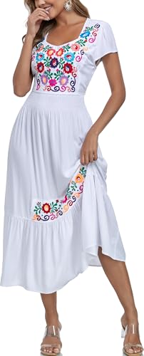 Image of Women's Summer Maxi Dress Casual Floral Embroidered Round Neck Short Sleeve Ruffle Tiered Dress Flowy Boho Beach Sundress
