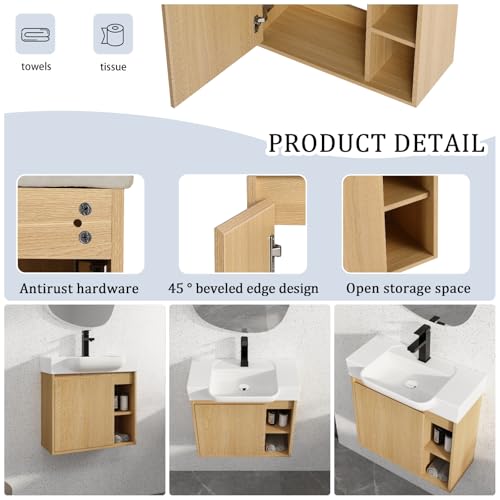 Image of 24 inch Bathroom Vanity with Ceramic Sink, Modern Wall-Mounted Bathroom Vanity with Soft-Close Door & 2 Open Storage Shelves, Farmhouse, Undermount Storage Cabinet, Easy to Clean, Light Oak