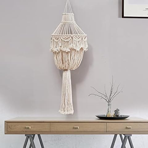 Long Tassel Vintage Cotton Lace Lampshade Boho Handwoven Knitting Hanging Lamp Shade Pendant Light Covers Decorative Ceiling Chandelier for Living Room Bedroom Dorm Wedding Home Decor Gift Cover