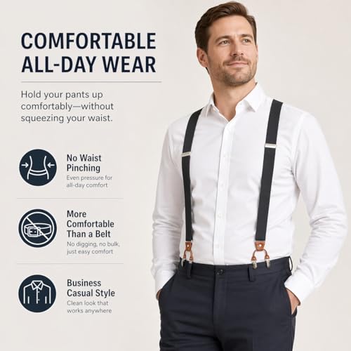 Image of Men's Heavy Duty Y-Back Suspenders, 6 Strong Metal Clips Adjustable Elastic Straps for Work, Tuxedos, and Daily Wear