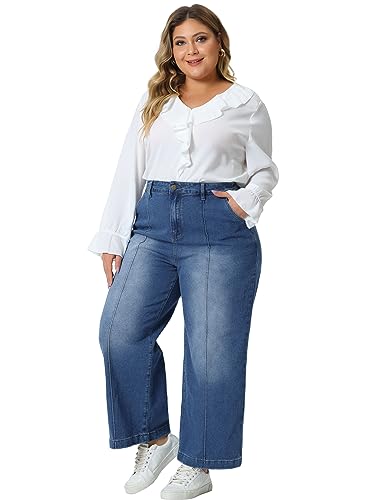 Agnes Orinda Plus Size Jeans for Women Wide Leg Baggy Washed Stretch with Pockets Denim Ankle Pants3