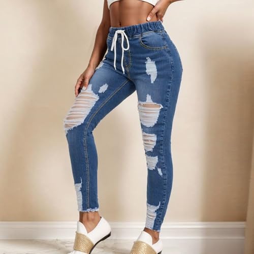 Jeggings for Women Tummy Control High Waist Stretchy Dark Blue Drawstring Jeans Curvy Butt Lifting Denim Leggings3