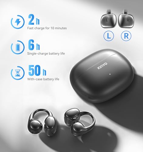 Image of King Lucky Clip on Earbuds Open Ear Wireless Bluetooth 5.4 Headphones with Mic,50H Playtime,Noise Cancelling,Waterproof,Sports Ear Buds,Comfortable for Small Ears & Glasses Wearers,for Workouts,Black