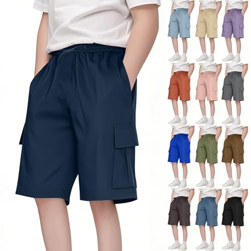 Boys Cargo Shorts Knee Length Kids Summer Joggers Shorts Pull On Plain Pockets Elastic Waist Baggy Pants Outdoor