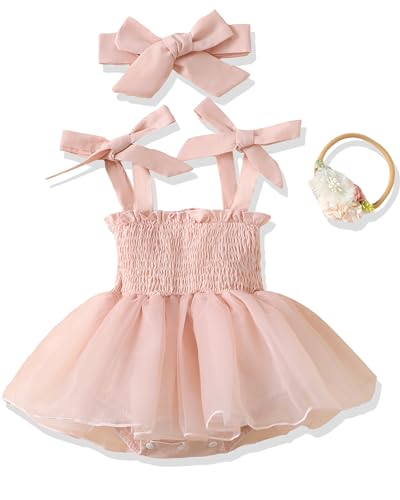 Renotemy Newborn Baby Girl Pink Tulle Romper Dress with Smocked Top, Boho Summer Outfit for Baptism, Wedding, Christening, Cake Smash and Photography 0-3Months