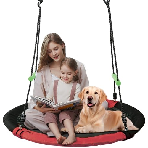 TBMLC 40 inch Diameter Saucer Swing - 1 Inch Diameter&1MM Thick Sturdy Steel Frame with Thick Foam Pipe Cover and Durable Oxford + PP Mat (Black+Red, 40 inches Diameter)