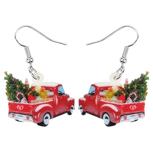 DUOWEI Acrylic Christmas Truck Tree Garland Earrings Drop Dangle Jewelry For Women Kids Teens Festival Gifts (Red)