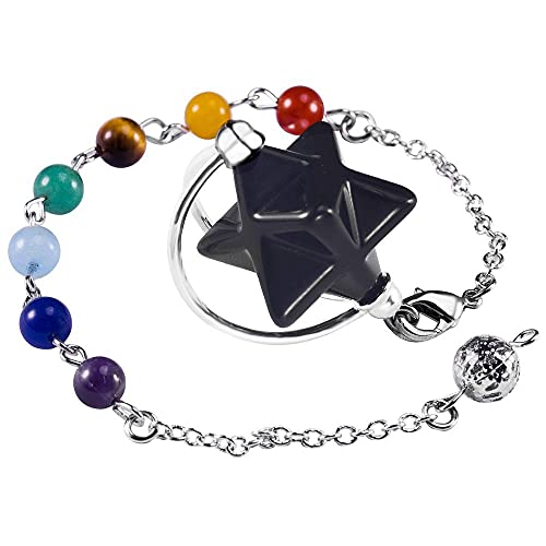 7つのチャクラビーズチェーン、割れた形而上学的バランスをとって癒された石の石の黒い黒星のマカバスター振り子-5 PC.