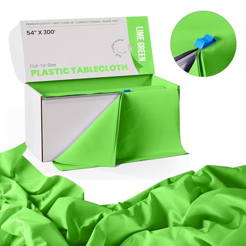Image of Exquisite Lime Green Plastic 54x300in Tablecloth Roll, Heavy Duty Disposable, Waterproof, Built-in Cutter, 36 Rectangle Table Covers, All-Season