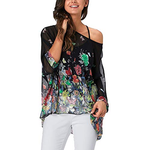 Image of Ckikiou Plus Size Batwing Flowy Semi Sheer Chiffon Blouse Tunic for Women Summer Floral Print Boho Beach Cover ups