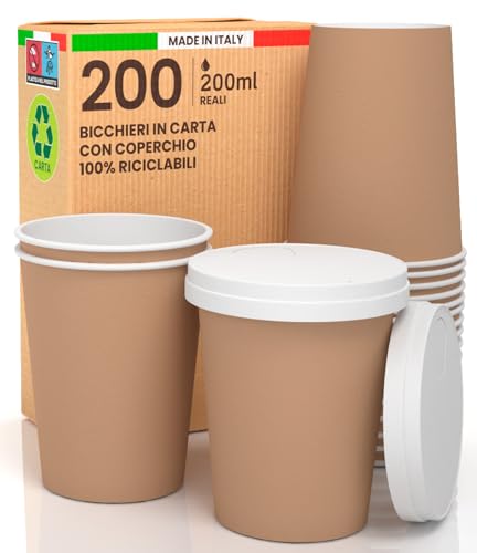 200 bicchieri da caffè da asporto in carta Habana 200 ml con coperchio in carta per bevande calde e fredde, tè preparato con acqua ecologica, biodegradabile tazze usa e getta colorate + 200 coperchi