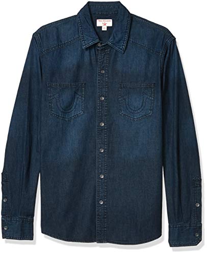 True Religion Men's Long Sleeve Denim Western Fitted Shirt, Greatest Blue, L