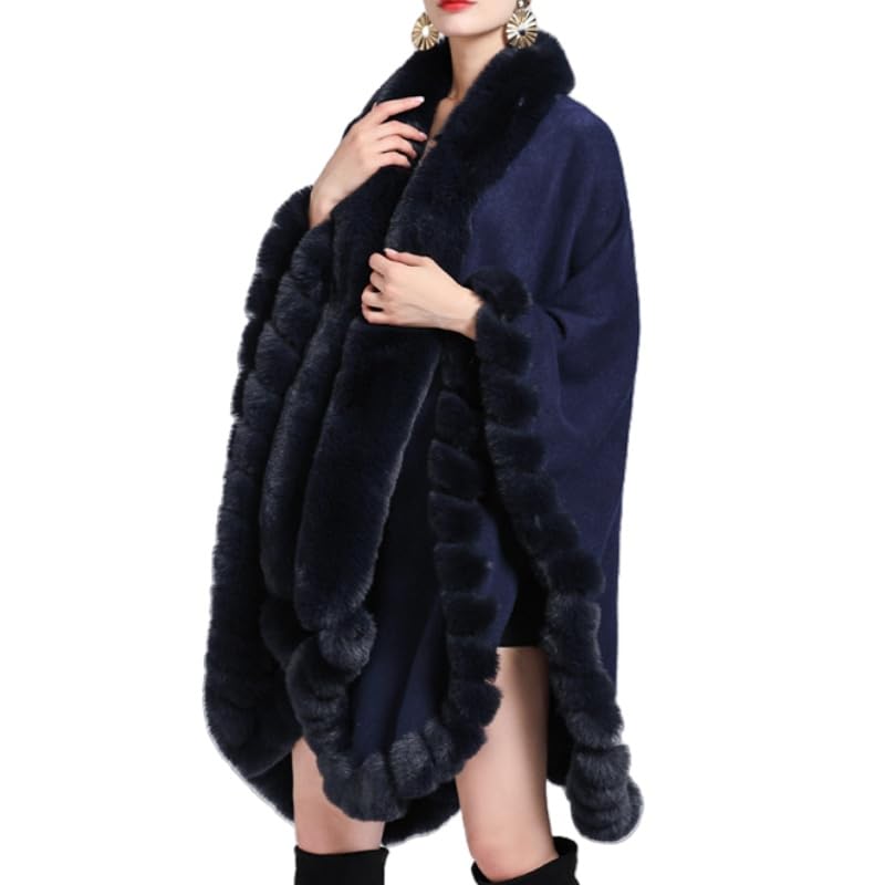 Scialle Donna Elegante Donna Faux Fur Wrap Scialle Stola Inverno Grande Mantella In Maglia Cappotto Con Pelliccia Rifinitura In Pelliccia Cardigan Di Lusso In Maglia Poncho Cappotto Di La