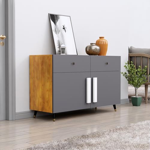 Image of Bniture Storage Cabinet Wooden for Living Room Sideboard with 2 Drawer and 2 Door | Storage Organizer Chest of Drawer Cabinet for Home Hallway Drawing Room Bedroom Kitchen | Giant Wood & Slate Grey