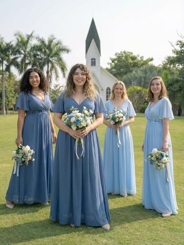 Image of Ever-Pretty Short Sleeves V Neck Plus Size Formal Dresses for Curvy Women Chiffon Mother of The Bride Dress Evening Gowns
