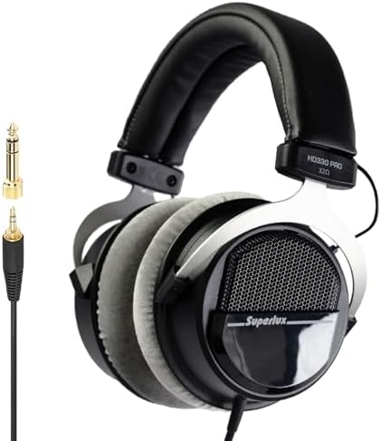 Superlux HD 330PRO, 32 ohms, Over-Ear Headphones, Professional Semi-Open Wired Headphones with 40mm Neodymium Drivers and Solid Bass, 3.5/6.3mm Jack Adapter for Smartphone, Tablets, Laptops, Computer