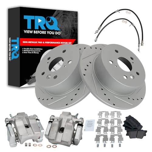 Image of TRQ Performance Rear Brake Pad and Rotor Set Semi Metallic Slotted Drilled Calipers Compatible with 2007-2012 Lexus ES350 2008-2012 Toyota Avalon 2007-2011 Camry