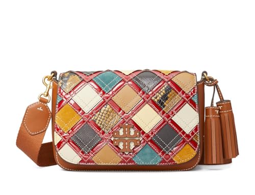 Tory Burch Women's Leather Thea Flap Crossbody Shoulder Bag, Classic Cuoio/Patchwork
