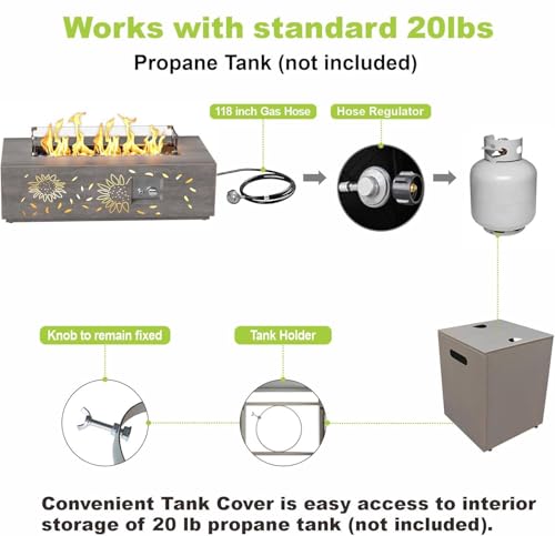 SUNPEAK 42" Firepit Table for Outside Patio with LED Light Decorative Design 50,000 BTU Includes Wind Guard, Lid, Rocks & Cover - Patio Gas Propane Fire Pit Table (Grey/Sunflower Cutout, 42" LED)