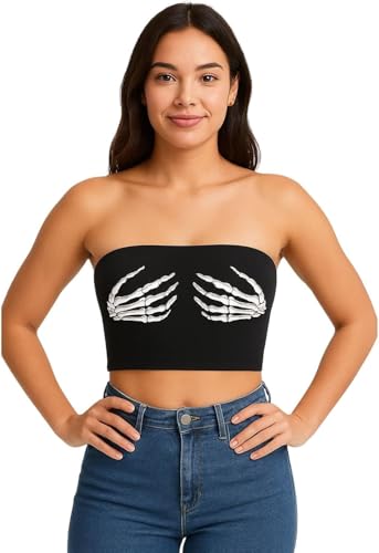 Image of Women’s Skeleton Hand Strapless Tube Crop Top – Gothic Skull Print Boob Tube for Halloween, Festival, Cosplay & Party Outfits (UK, Alpha, S, M, Regular, Regular, Skeleton Print Black)