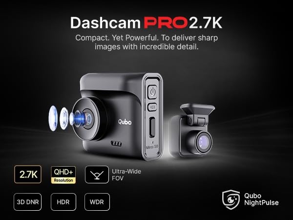 Image of Qubo Car Dashcam Pro 2.7K Dual Channel from Hero Group [2026 Edition] | NightPulse Vision | 5MP QHD+ Front (140), 2MP FHD Rear | G-Sensor |2 inch LCD |Built-in GPS, Wi-Fi, Mic |1TB Storage| Made in India