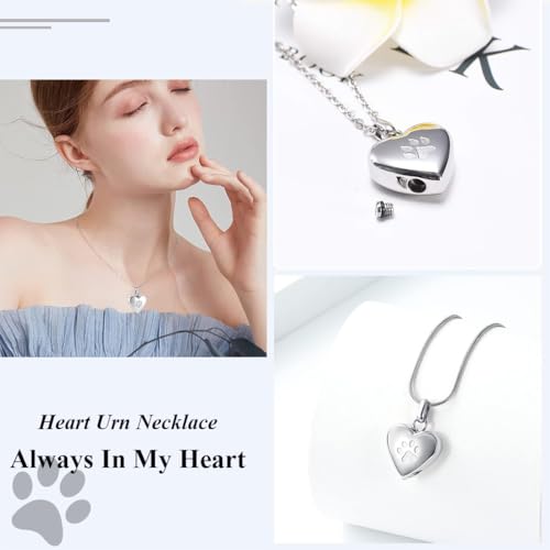 VEOIRXU Urne Kette für Asche, Anhänger Pfoten Abdruck Haustier, Herz Urne Halskette, Memorial Andenken Urne Schmuck mit Trichter-Kit für Haustier/Hunde/Katze Asche(Silber)