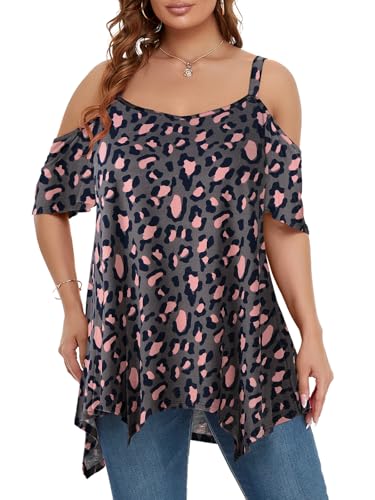 Image of LARACE Cold Shoulder Tops for Womens Summer Clothes Spaghetti Strape Tunic Oversized Shirts Asymmetrical Plus Size Blouse