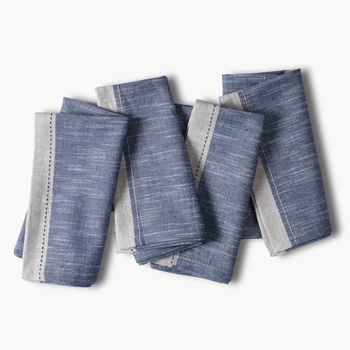 Palisa Cloth Napkins Set of 4 Textured Cotton 18x18 - Premium Contrast Border Spring Dinner Napkins for Easter Basket Decor Farmhouse Wedding, Soft Washable Table Linen for Everyday Use - Denim Blue