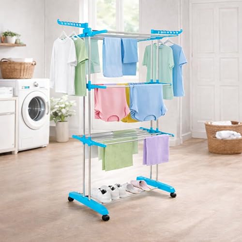 Image of JIALTO Foldable Clothes Drying Stand with Wheels, 3 Layer Heavy Duty Stainless Steel Cloth Dryer Stand, Multi Tier Big Size Garment Dryer for Bedroom, Balcony & Outdoor Use