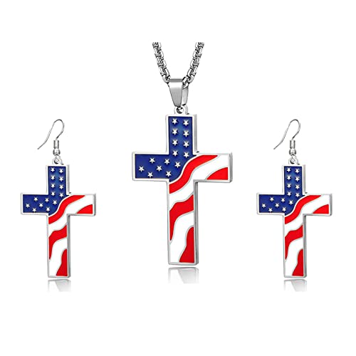 Wcrazye American Flag Cross Earring Necklace American Flag Pendant Earring Set For Women Girl Independence Day National Flag 4Th Of July Dangle Earrings Patriotic Jewelry Accessory (Silver Cross Pendant Earring) #TOP7