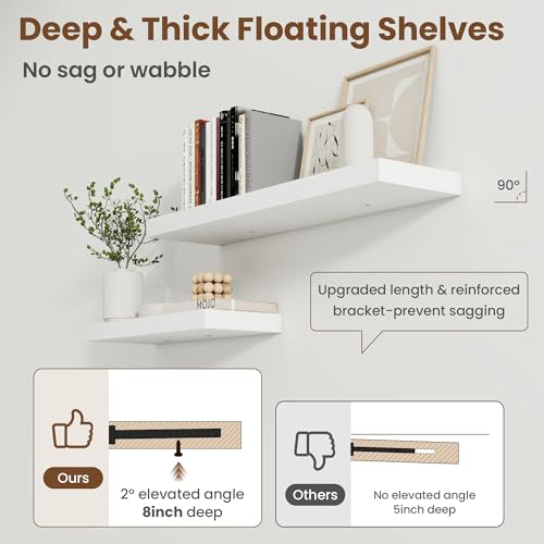 Image of 30 Inch Floating Shelves for Wall, 8 Inch Deep Floating Shelf for Storage & Display, Rustic Wall Mounted Shelf with Invisible Brackets for Living Room, Kitchen, Bathroom, Home Decor, Set of 2, White