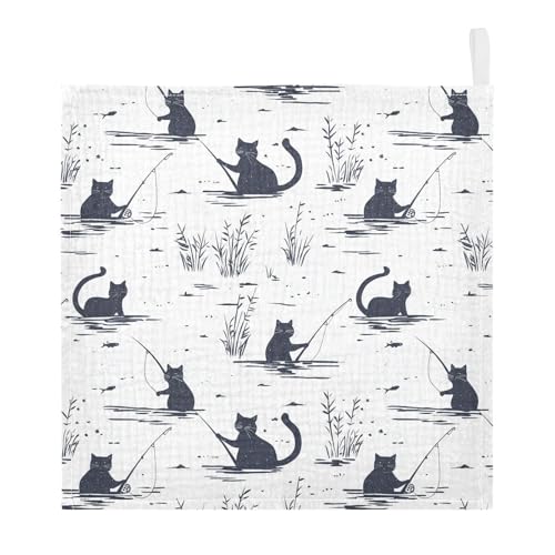 Image of vvfelixl Cat Fishing Baby Burp Cloths Baby Muslin Washcloths for Boys Girls Cotton Babys Face Towel for Newborn Infants Soft and Absorbent 11.8 X 11.8 in, 5 Pack