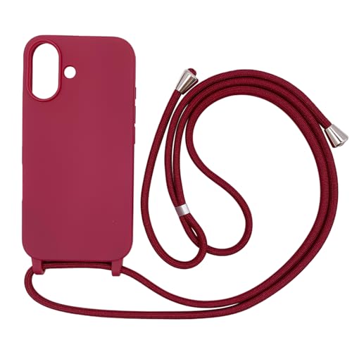 Ququcheng Coque Compatible avec iPhone 16(6.1"),Collier pour Étui Colliers de cellulaire Corde Silicone avec Cordon Case TPU Bumper pour iPhone 16(6.1")-Rouge