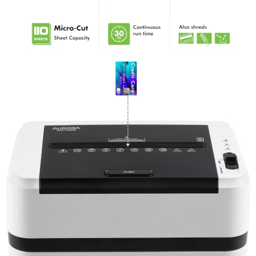 Image of Aurora High Security AU110MB 110-Sheet Auto Feed Micro-Cut Paper and Credit Card Shredder with 4 Gallon Pullout Basket / 30 Minutes /Security Level P-4 (White /Black)