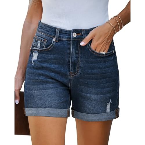 LookbookStore Jean Shorts Womens Stretchy High Waisted Ripped Denim Shorts with Pockets Trendy Distressed Cut Off Shorts