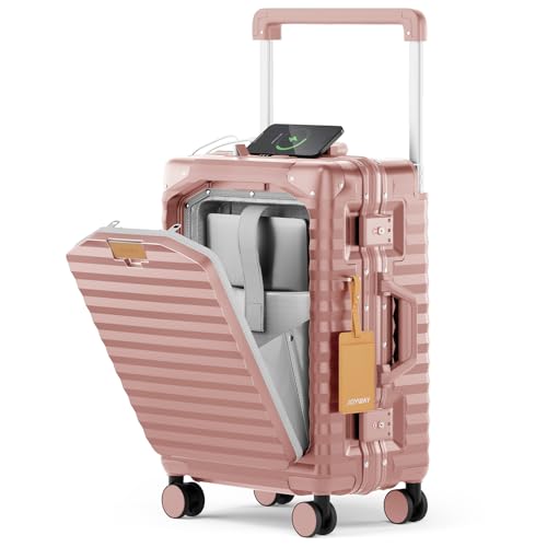 Image of Joyway 20 Inch Carry on Luggage with Aluminium Frame and Front Pocket, PC Hardshell Suitcase with USB Port and Cup Holder, 21.5x14.2x9 Airline Approved, Luggage with Spinner Wheel TSA Lock(Rose Gold)