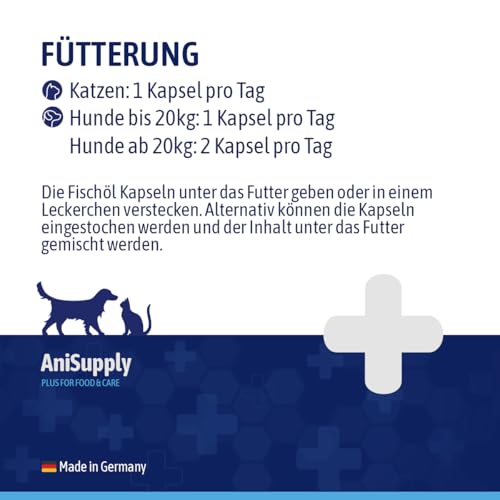 AniSupply Lachsöl Kapseln für Hunde & Katzen (200 Stück/145 g) – Omega-3 mit EPA & DHA – unterstützt Haut & Fell sowie Herz & Gelenke
