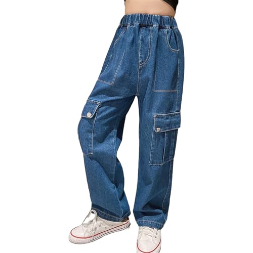 Denim Cargo Pants for Teen Girls High Waisted Streetwear Cargo Jeans Y2K Elastic Waist Jeans Straight Leg Denim Pants2