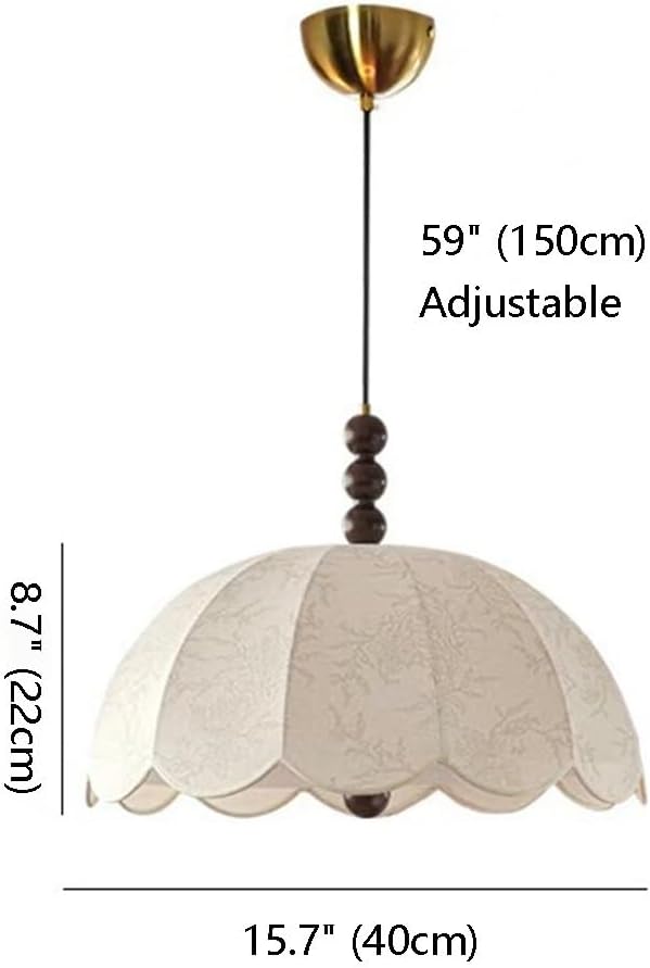 Vintage French Country Scalloped Fabric Pendant Light Fixture Cream White Pleated Shade Brass Wood Accent Adjustable Height for Bedroom Dining Room E27 Base(40cm)