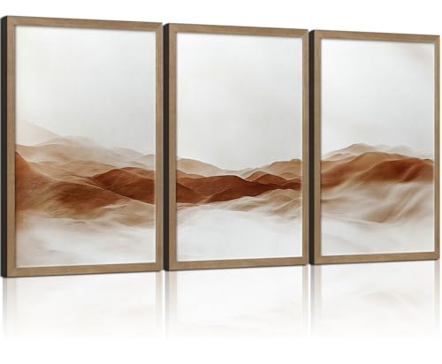 3Pcs Framed Minimalist Desert Landscape Wall Art Modern Neutral Canvas Prints Brown Mountain Poster Artwork Gallery Wall Decor Living Room Bedroom Office Apartment 12x16 Inch Ready to Hang