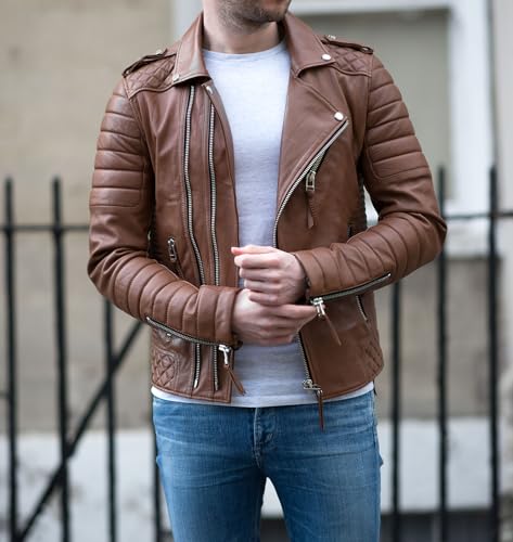 Image of Mens Leather Jacket - Biker Leather Jacket For Men - Lightweight Slim Mens Leather Motorcycle Jackets Black Real Lambskin