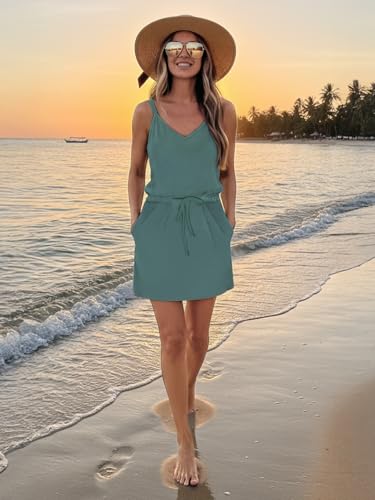 Image of Summer Dress for Women Strapless Beach Cover Ups Boho Sundress Mini Dress Drawstring Waist with Pockets