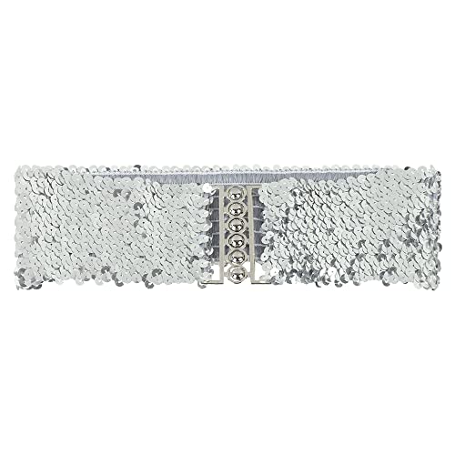 Sequin Wide Elastic Belt Ladies Dress Cummerbands Casual Vintage Stretch Belly Waist Band(silver)