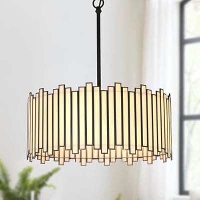 KSANA Black Drum Chandelier, 4-Light Modern Pendant Lights with Irregular White Glass Shade, 15.5'' Chandeliers Hanging Light Fixtures for Dining Room Kitchen Bedroom Foyer