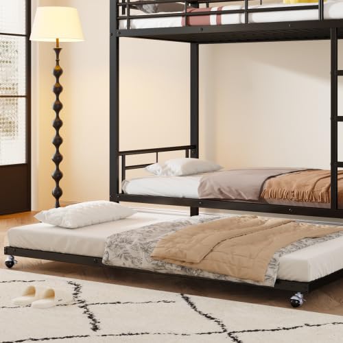 Merax Letto a castello in ferro per bambini e ragazzi, con letto estraibile, 90 x 200 cm e 90 x 190 cm, nero, con griglia laterale e scala, design salvaspazio, certificato EN747
