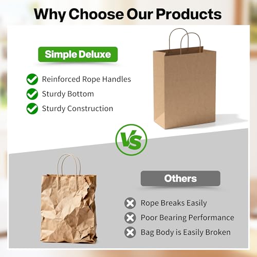 Image of Simple Deluxe Value Pack of 150 Kraft Paper Bags with Handles (10x5x13 Inch) - Made in USA from 90GSM 100% Recycled Paper for Retail, Bulk Savings for Retail, Stores & Gift Packaging
