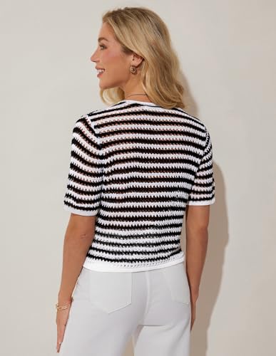 GRACE KARIN Cardigan Court Femme Chic Gilet Tricot Ajouré Manches Courtes Col Rond Nœud Devant et - vue 4