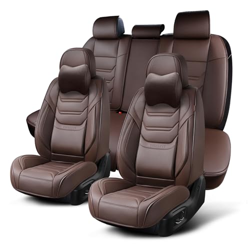 Image of TIEHESYT Coffee Car Seat Covers Full Set, Breathable Leather Automotive Front and Rear Seat Covers with Headrest, Car Seat Protectors Full Set, Compatible with Most Vehicles, SUV