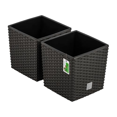 2X Blumentopf Blumenkübel Rattan-Optik 6,8 Liter - 20 x 20cm - Pflanzkübel mit Einsatz, Übertopf für Garten, Balkon & Innenbereich, wetterfest, Kunststoff, Umbra
