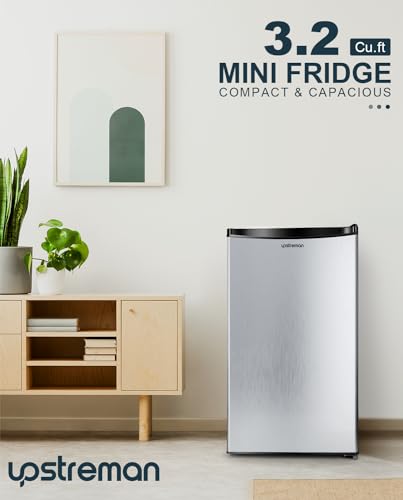Upstreman 3.2 Cu.Ft Mini Fridge with Freezer, Single Door Mini Fridge, Dorm Fridge, Adjustable Thermostat, Mini Refrigerator for Dorm, Office, Bedroom, Stainless Steel-SR321 on Fridge.com
